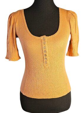 Free People Rust Ribbed Scoop-Neck Button Tee